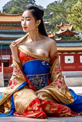 ရွှေနားကပ်ဆွဲထားသော၊ လှပသော တရုတ်မင်းသမီး၏ မိန်းမအင်္ဂါနှင့် ရင်သားများကို ပြသထားသည့်ပုံ